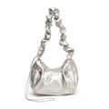 Silver metallic pleated cloud hobo bag with unique scrunchie strap and drawstring detail - Silver
