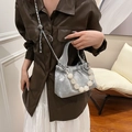 Silver velvet bucket bag with oversized pearl handle and silver chain strap - White Faux Pearl Decoration (SS69692) / Silver