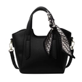 Black pebble leather bucket bag with geometric silk scarf handle and gold hardware - Black