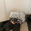 Silver metallic quilted chain crossbody bag with square metal lock and beaded strap - Silver