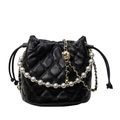 Fashionable black quilted bucket bag with pearl chain and gold skull charm detail - Large / Black