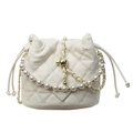 Quilted cream drawstring bucket bag with bow embroidery and pearl chain strap - Large / Off White