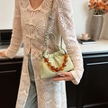 Sage green ruched bucket bag featuring amber beads and a gold chain shoulder strap - Amber Bead Decoration (SS69692) / Green