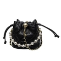 Elegant black quilted leather bucket bag with pearl and gold chain strap detail - Small / Black