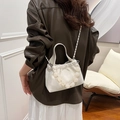 Chic off-white pleated bucket bag with decorative pearl handle and crossbody strap - White Faux Pearl Decoration (SS69692) / Off White