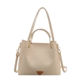 Borsa tote beige minimalista in pelle PU con doppi manici e dettaglio logo in metallo - Bianco