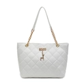 White quilted faux leather tote bag with gold chain strap and giraffe charm pendant - Off White