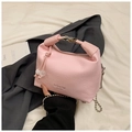 Pink pleated leather fashion bag with New York print and silver bead chain strap - Pink