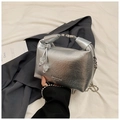 Silver metallic pleated handbag with pearl chain strap and white sphere pendant - Silver
