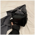 Minimalist black glossy pea-shaped handbag with silver chain and bead details - Black
