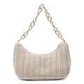 Borsa a spalla a mezzaluna in paglia intrecciata con catena dorata e bordi bianchi - Bianco Sporco
