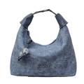 Sac hobo en jean matelassé bleu avec bandoulière et détail de pompon perlé - Bleu