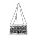 Silver metallic quilted crossbody bag with adjustable chain strap and pleated texture - Silver