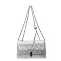 Holographic silver chain bag with V-quilted pattern and adjustable metal ball strap - Metallic Silver
