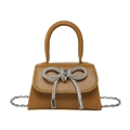 Brown mini square bag with rhinestone bow and metal chain strap for women - Brown