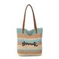 Large striped straw tote bag with Summer embroidery and brown leather shoulder straps - Light Blue and Tan Striped (Style 1)