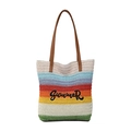 Rainbow striped woven tote bag with SUMMER embroidery and brown faux leather straps - Rainbow Color Striped (Style 2)