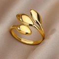 Anillo abierto de acero inoxidable chapado en oro de 18K con tres hojas pulidas - Estilo de Tres Hojas (40190) / Dorado