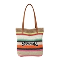 Multicolor striped straw tote bag with SUMMER embroidery and brown leather straps - Multicolor Bright Patchwork Striped (Style 3)