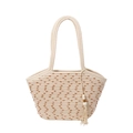 Minimalistische gewebte Strohtasche mit braunen Punkten und Holzperlen-Quaste - Mit Anhänger / Gebrochenes Weiß