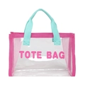 Bolso tote de PVC transparente con texto rosa, malla rosa y correas azules - Estilo de Letra Tote (Rosa Rojo Estilo 2) / Rosa Rojo / Cerceta