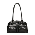 Borsa a mano nera lucida in ecopelle con doppie tasche frontali e tracolla lunga - Nero