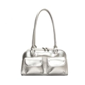 Chic silver metallic underarm bag with Y2K double pockets and long top handles - Silver