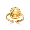 Adjustable hollow line stainless steel ring with sunburst engraved oval signet - Gold Style (F2493)