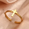 Polished gold stainless steel cross open ring for couples on peach silk fabric - Gold Cross Style (F865)