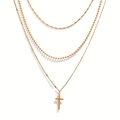 Collier multicouche en acier inoxydable doré avec chaîne à vagues et pendentif croix - Style Doré (C3873)