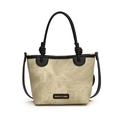 Beigefarbene Canvas-Eimertasche mit schwarzem Leder-Patch und langem Schultergurt-Design - Schwarz