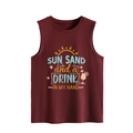 Detail des weinroten ärmellosen Tanktops mit 'SUN SAND and a DRINK' Sommerdruck - S / Burgunderrot