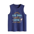 Detail of navy cotton tank top featuring Sun Sand and a Drink vacation print design - Vintage Blue
