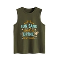 Detail of Sun Sand and a Drink graphic print on olive green sleeveless tank top - Army Green