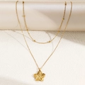Double-layered gold stainless steel flower pendant necklace with bead chain design - Gold Style (F2437)