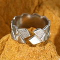 Silver 18k plated stainless steel open ring with geometric pleated texture design - Quilted Pattern Adjustable Style / Silver (C4926)