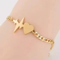 18K gold plated stainless steel heartbeat bracelet with heart charm on a cuban chain - EKG Heart Style (F3473) / Gold