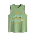 Detailed view of green sleeveless tank top with sun sand and a drink graphic print - Olive Green