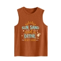 Detail of loose fit knit tank top with Sun Sand and a Drink graphic in caramel color - Burnt Orange