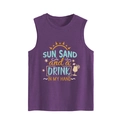 Detailed close-up of purple tank top with Sun Sand and a Drink vacation print design - Purple