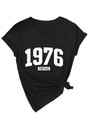 Detail of V-neck black T-shirt featuring vintage 1976 print and stylish side knot design - Black (White Print)