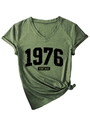 Close-up of army green V-neck T-shirt featuring 1976 vintage print and front knot detail - Olive Green (Black Print)