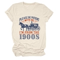 Detail of vintage beige T-shirt featuring 'Please Be Patient' retro carriage print - S / Sand