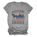 Detail of grey short sleeve T-shirt with vintage carriage print and retro 1900s slogan text - S / Dark Gray