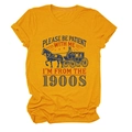 Detail of vintage Please Be Patient graphics on a mustard yellow cotton t-shirt - S / Mustard Yellow