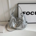 Silver metallic bucket bag with butterfly knots and lychee texture hobo style crossbody - Silver