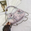 Light purple floral embroidered small square bag with silk texture and chain strap - Pink (Floral Embroidery)