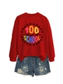Detail des 100-Tage-Schule-Aufdrucks auf rotem Langarm-Sweatshirt mit Denim-Shorts - S / Rotes Sweatshirt (Schwarze Grafik)