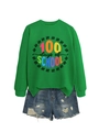 Flachbild-Layout von grünem 100 Days of School Sweatshirt und Jeans-Shorts Set - S / Grasgrünes Sweatshirt (Schwarze Grafik)