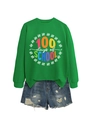 Grünes 100 Days of School Langarm-Sweatshirt mit blauem Distressed-Denim-Shorts-Set - S / Grasgrünes Sweatshirt (Weiße Grafik)